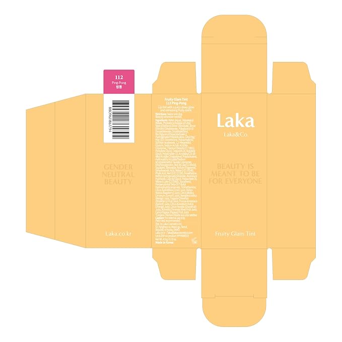Laka Fruity Glam Tint, 4.5g/0.15oz, Glowing Lip Stain with Wide Color Spectrum, Hydrating & Lightweight Texture, Long-Lasting Bold Stain, Non-Sticky, Vegan, K-Beauty (#112 Ping-pong)