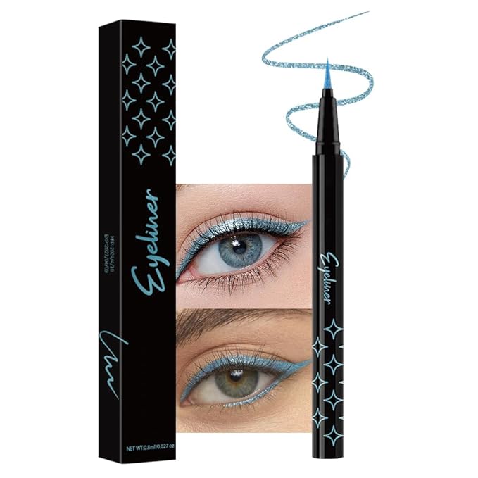 evpct 1Pcs Sky Blue Glitter Shimmer Liquid Eyeliner Eye Makeup Pencil Pen, Pearl Blue Chrome Eyes Liner Face Glitter Makeup Fake Eyelashes Mascara Accessories, Sparkle Metallic Eyeliner Pen Waterproof