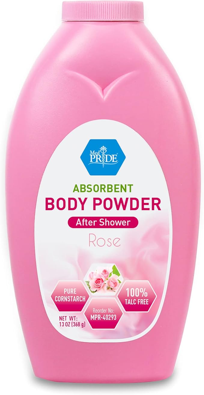 MED PRIDE Talc Free Cornstarch Body Powder with Rose Scent, Moisture Absorbing Skin Care for Daily Freshness, Cruelty Free Formula, 13 Ounce Bottle