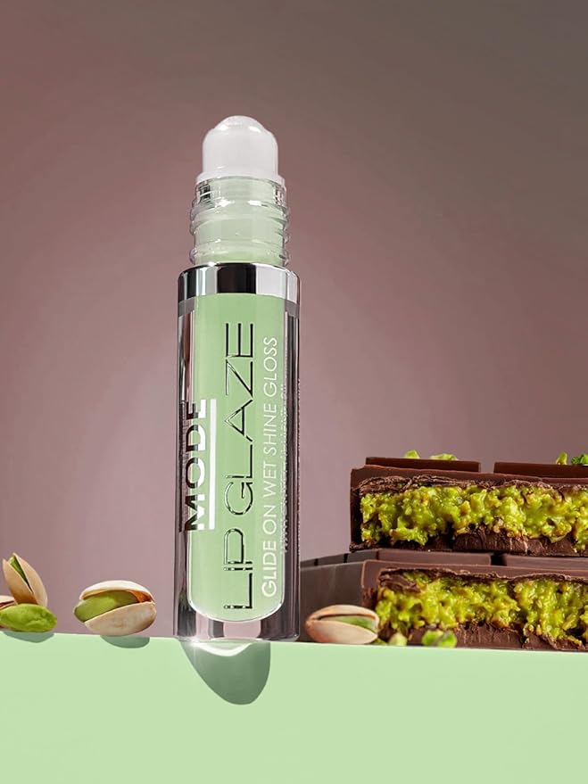MODE Lip Glaze Dubai Chocolate Flavored Lip Gloss, Roll On Sweet Wet Nourishing Shine, Delicious Yummy Flavor, Hydrating Natural Skincare Fruit Oils, Made in NY USA