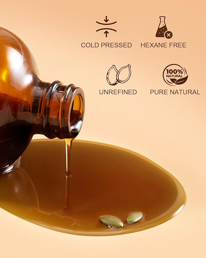 Pumpkin Seed Oil for Hair & Scalp Care, Glass Bottle, Unrefined, Cold-Pressed & Hexane-Free, Nourishes Hair, 100% Pure & Natural Pumpkin Oil for Skin & Body Massage, with Pump, 16 fl oz