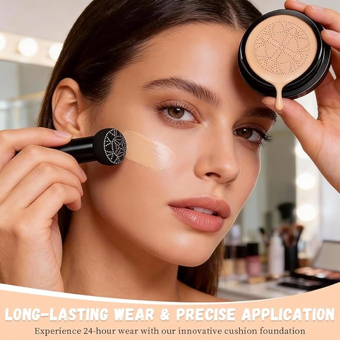 Hush Foundation for Mature Skin – Warm Tone CC Cream Air Cushion, Full Coverage Long-Lasting BB Cream Foundation with Mushroom Head Applicator, Natural Radiant Finish for Light to Medium Complexions