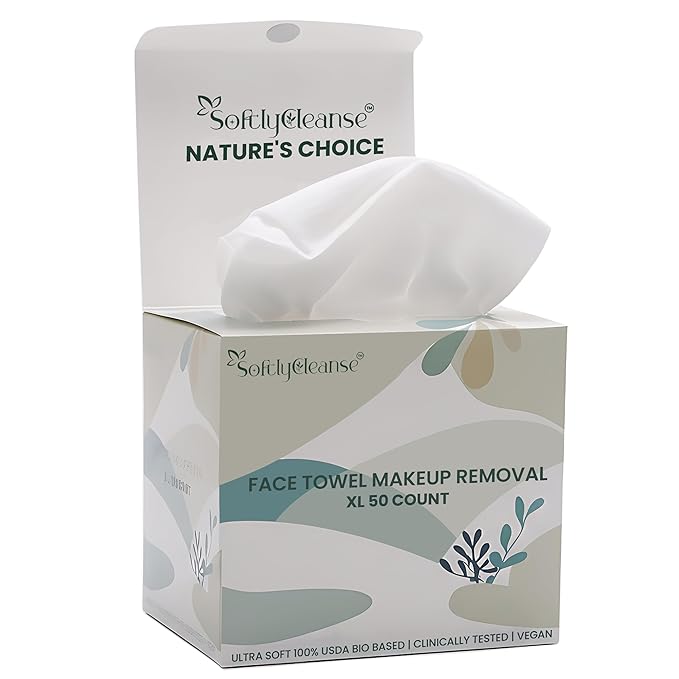 Softlycleanse Disposable Makeup Remover Face Towels – 50 PCS Soft Plant-Based Face Towels Disposable – Double-Sided Facial Cleansing Towels for Makeup Removal, Skin Care & Daily Use