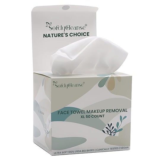 Softlycleanse Disposable Makeup Remover Face Towels – 50 PCS Soft Plant-Based Face Towels Disposable – Double-Sided Facial Cleansing Towels for Makeup Removal, Skin Care & Daily Use