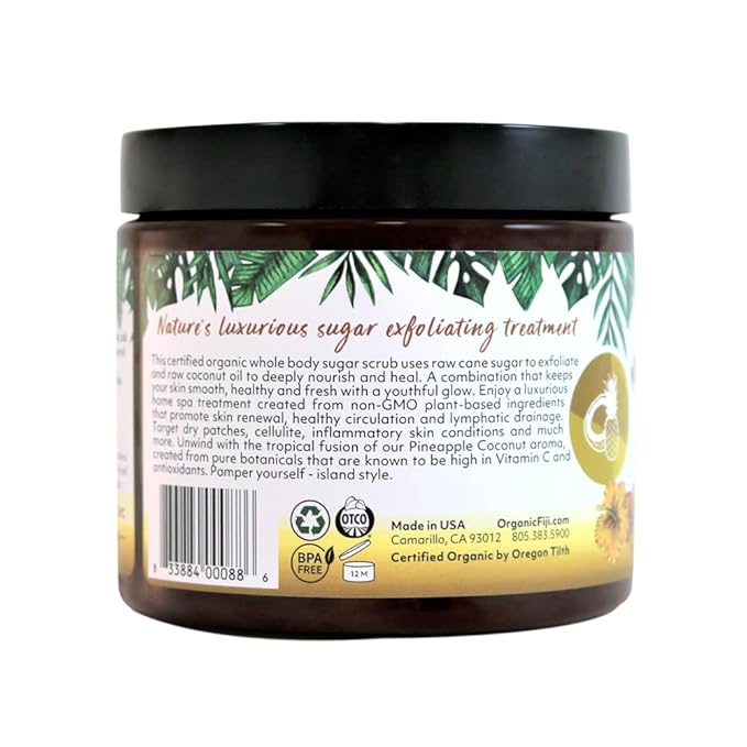 Organic Fiji Whole Body Scrub - Infused with Coconut Oil, Exfoliating Sugar Scrub for Smooth and Soft Skin, Exfoliates & Restores Skin's Natural Biosphere, Pineapple Coconut 20 oz