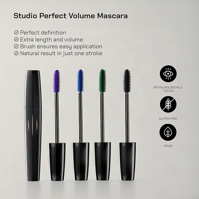 Radiant Professional Studio Perfect Mascara Volume and Length – Smudge-Proof, Cruelty Free, Lengthening Mascara with Silicone Brush & Natural Wax – Electric Blue (02), 0.30 oz