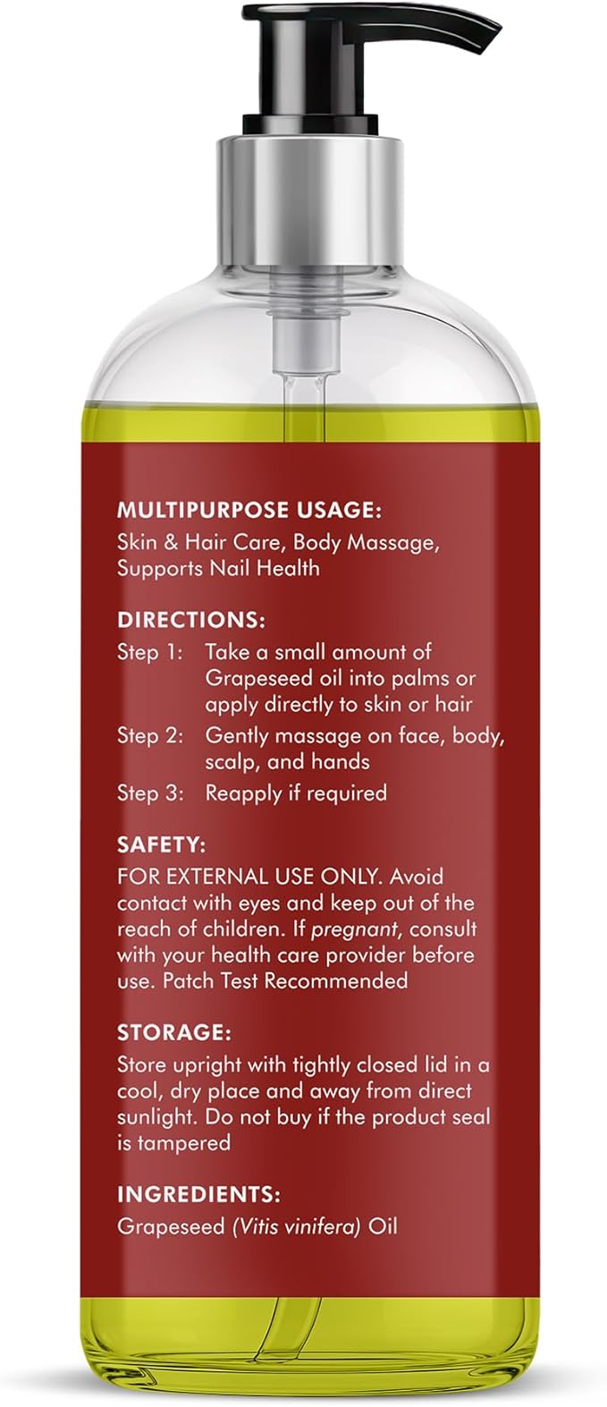 Majestic Pure Grapeseed Oil - 100% Pure & Natural - Premium Grade, Cold-Pressed, Hexane-Free Carrier Oil for Skin, Hair and Body - Moisturizing Skin, Hair and Scalp - 16 Fl Oz