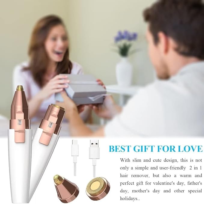 JNATER Eyebrow Razor,Facial Hair Removal for Women, (USB Rechargeable), 2 in 1 Eyebrow Trimmer and 100% Painless Hair Remover with Light for Nose, Lips, Face, Body