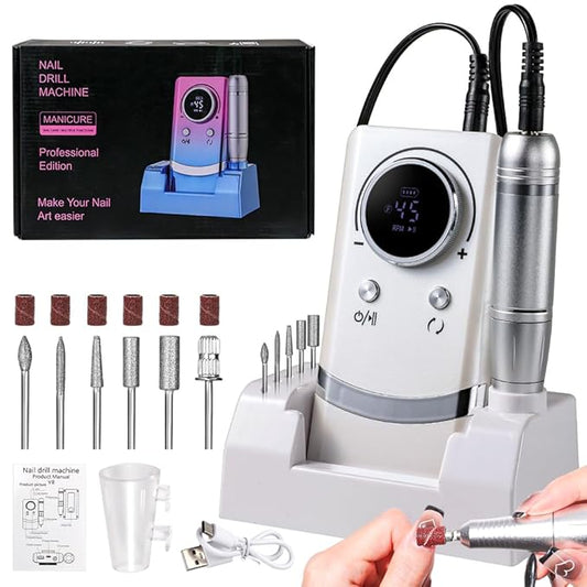 ANRLO Professional Electric Nail Drill, 45000 RPM Cordless Rechargeable E-File Machine, with 12 Bits, Sanding Bands, LCD Display for Acrylic Gel Nails (DMJ-V8-White-USB)