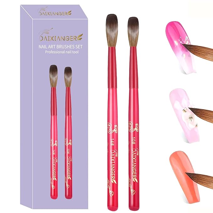 DAIXIANGER 2Pcs New Year Acrylic Nail Art Brush Set -Size 10/14, Red Handle Nail Brushes for Acrylic Application Powder & Nail Extension, 3D Nail Carving Tools for DIY Home Salon Manicure