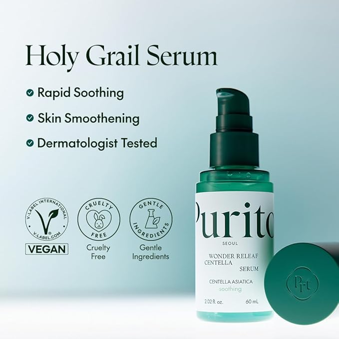 PURITO Centella Serum, Korean Centella, for All Skin Types, Ampoule, Soothing, Calming, Facial Serum for face, Vegan & Cruelty-Free, Korean Skin Care, 60ml 2fl.oz