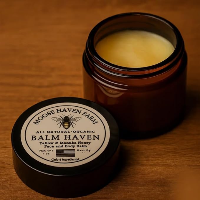 Balm Haven - 100% Grass Fed Tallow and Manuka Honey Balm - Natural Moisturizer for Face, Body & Hands - Deep Hydration & Smooth Texture - Handmade in Small Batches | 1 oz