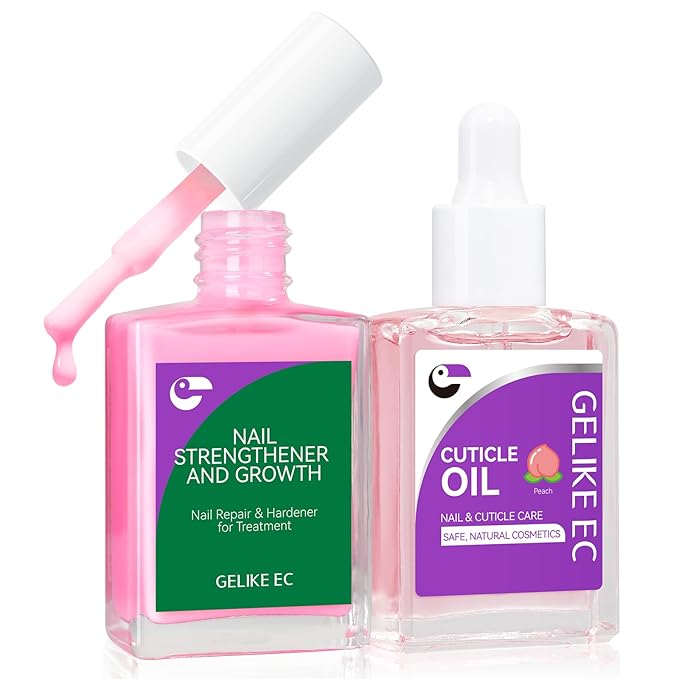 Gelike EC Nail Care Gift Set: Pink Fingernail Nail Growth Treatment & Peach Cuticle Oil 15ml - Cute & Fruity Manicure Set for Thin Peeling Nails - Women Mom Girlfriend Teens Girls Favorite
