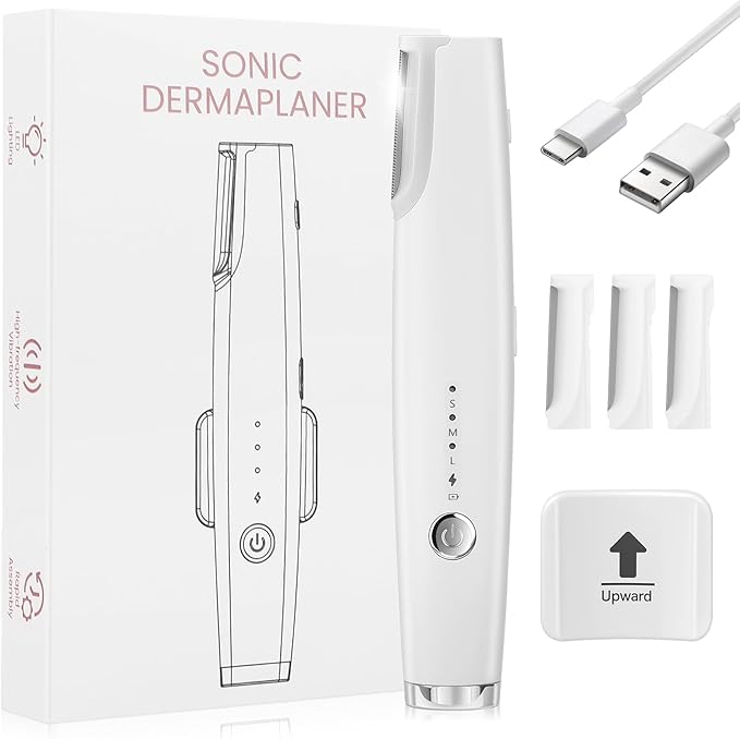 Dermaplane Razor for Women Face - Rechargeable 2-in-1 Electric Facial Razor & Eyebrow Trimmer with LED Light, Painless Peach Fuzz Hair Remover & Exfoliator, 3 Speeds, Includes 4 Blades (White)