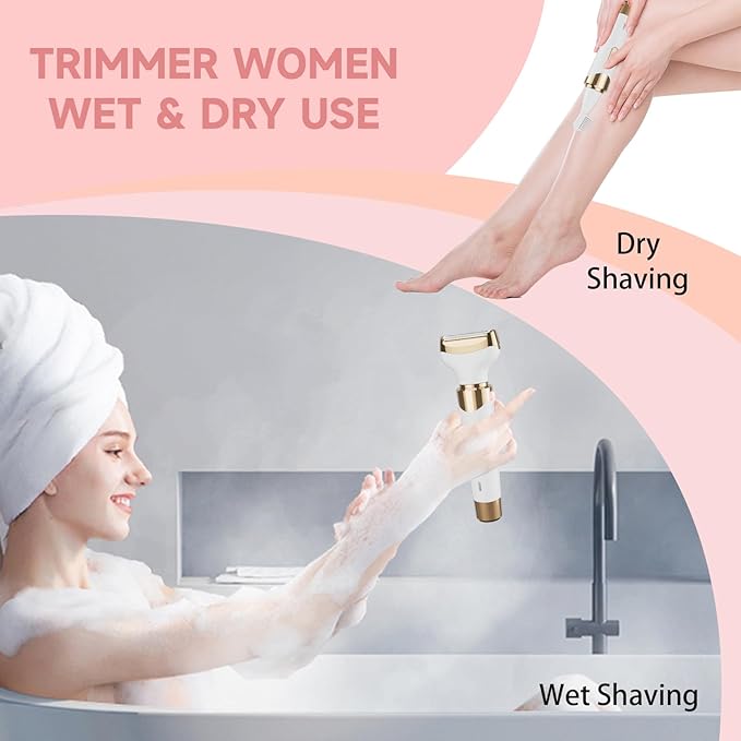 Electric Razor for Women,4 in 1 Womens Shaver Electric Bikini Trimmer Pubic Hair Removal Wet & Dry Painless Shaver for Legs Underarms Eyebrow Face Nose and Bikini Grooming Kit for Women 3021 White