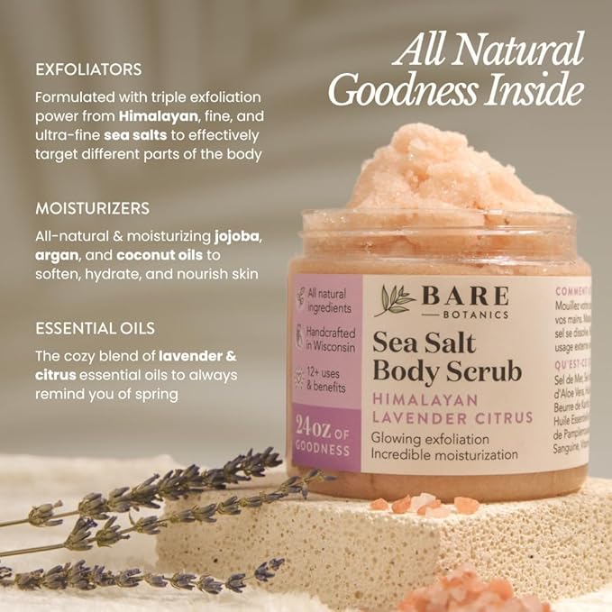 Bare Botanics Body Scrub 24 oz - Naturally Scented Salt Scrub Made in Madison WI - Formulated w/Skin Loving Moisturizers - Cruelty Free Exfoliator w/a Cute Wooden Spoon - Himalayan Lavender Citrus