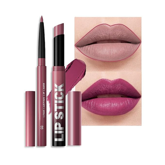 AMY'S DIARY 2Pcs Pink Purple Lipstick and Lip Liner Combo, Lip Liner and Lip Stick Kit for Women, Matte Lip Pencil and Smooth Hydrating Lipstick,Lip Makeup Set (03#Magenta Pink)