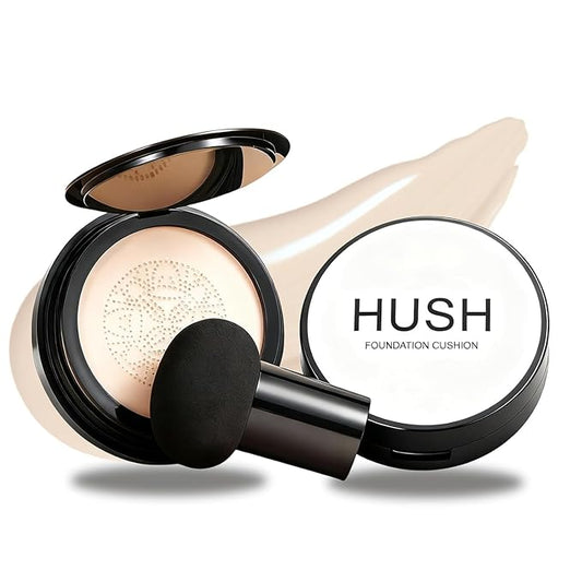 Hush Foundation for Mature Skin – Warm Tone CC Cream Air Cushion, Full Coverage Long-Lasting BB Cream Foundation with Mushroom Head Applicator, Natural Radiant Finish for Light to Medium Complexions