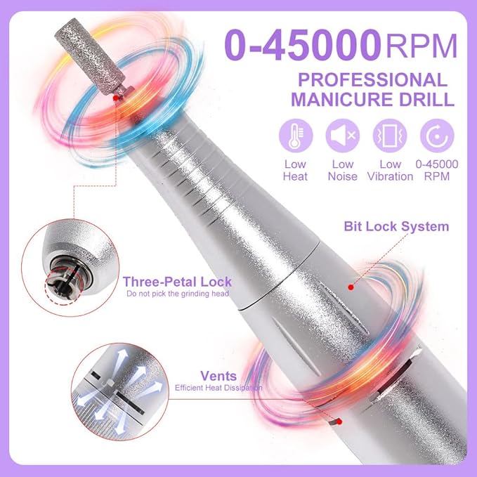 ANRLO Professional Electric Nail Drill, 45000 RPM Cordless Rechargeable E-File Machine, with 12 Bits, Sanding Bands, LCD Display for Acrylic Gel Nails (DMJ-V6-WHITE-USB)