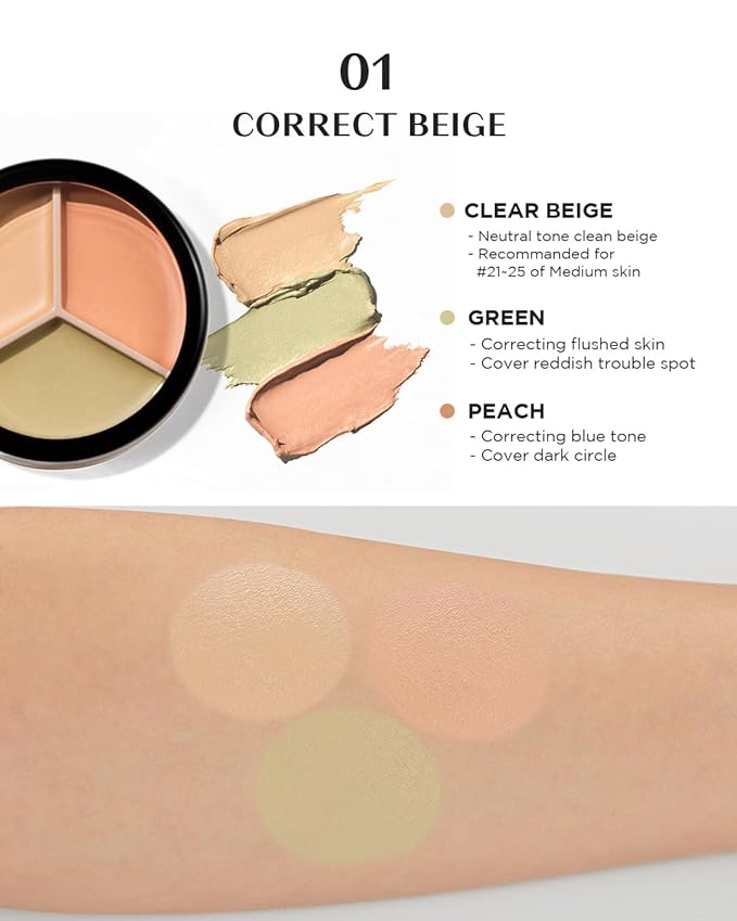 THESAEM Cover Perfection Triple Pot Concealer 2-Pack Set - 01 Correct Beige & 02 Contour Beige Bundle - 6-Color Multi Concealer Palette Kit - Korean Makeup with Sweet Almond Oil for Complete Coverage