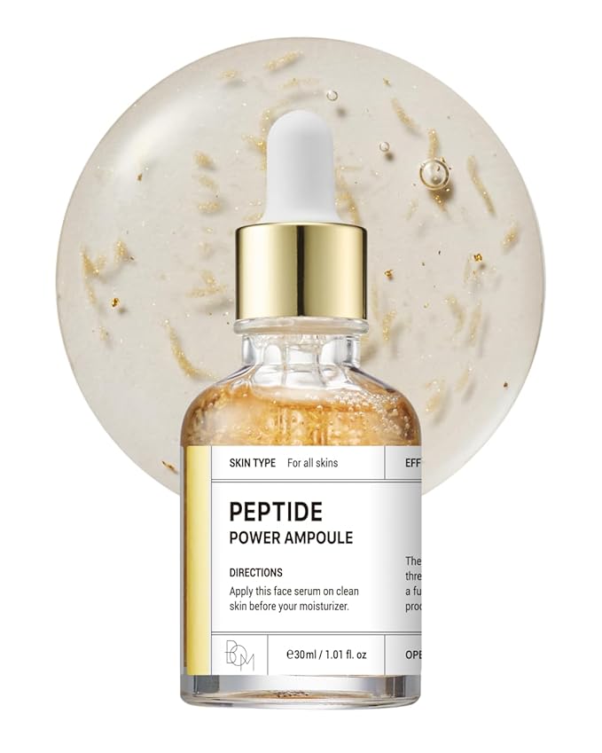 BOM COSMETICS Peptide Power Ampoule 1.01 Fl Oz, Penta-Peptide with 24k Gold Thread and 99% Pure Gold for Skin Collagen Boost, Firming Serum to Improve Elasticity and Radiance, Korean Skin Care