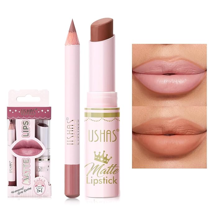 USHAS Lipstick and Lip Liner Combo Set 2 in 1 Waterproof Lipstick for Women Lip liner Set Long Lasting Lipstick, Matte Lipstick Pen with Lip Liner Set Makeup Kits (S16, Pack of 1)
