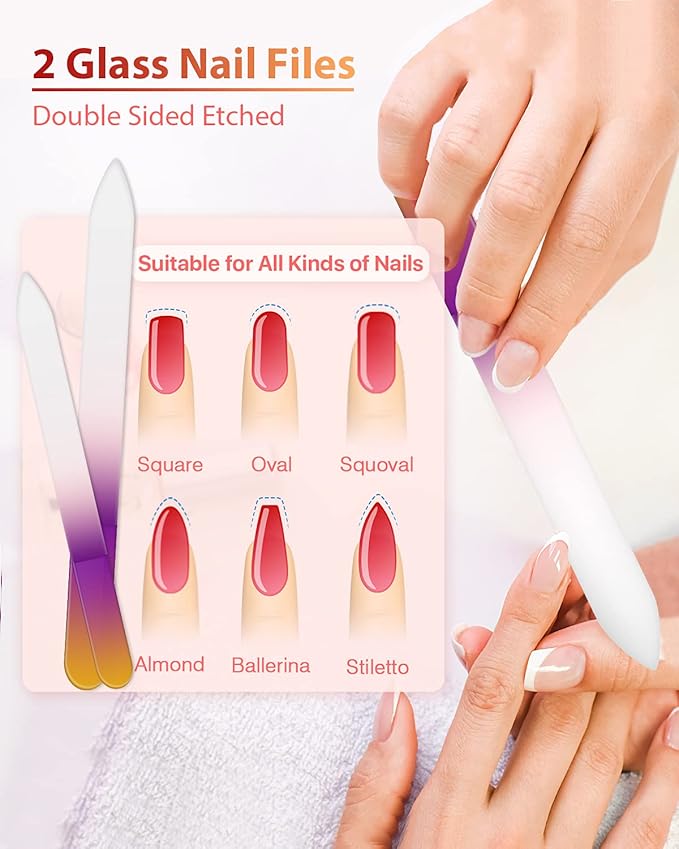 Glass Nail File and Nail Shiner, 4PC Crystal Nail File and Nano Glass Nail Buffer, Premium Set with Case, Professional Manicure Tool Fingernail Czech File for Natural Nail, Gift for Women and Girls