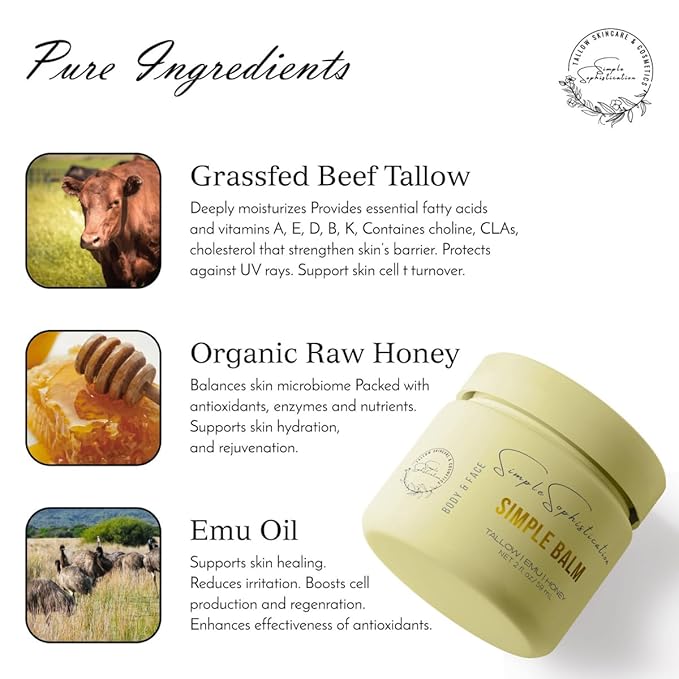 Simple Sophistication Tallow Emu Honey Balm | Nourishing Face & Body Moisturizer with Manuka Honey & Emu Oil, Non-Greasy Natural Skincare (2 oz, Calming Balm - 2 oz)