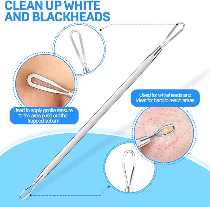 Teenitor Pimple Extractor Acne Treatment Tool Surgical Grade Blackhead Comedone Removal 2-in-1 Popper Tool for Face Nose Blackhead Extractor Tool Silver