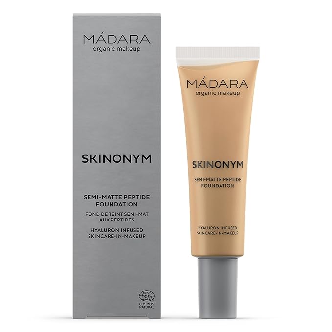 MÁDARA Organic Skincare |SKINONYM Semi-Matte Peptide Foundation, #50 GOLDEN SAND, 30ml – Boosted by collagen-supporting peptides, Semi-matte finish, Adapts to the skin's texture.
