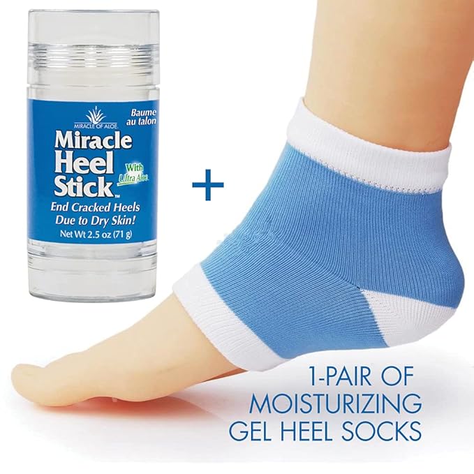 Heel Balm for Dry Cracked Feet - Miracle Heel Stick with Gel Socks - Moisturizes & Relieves Hard, Cracked Heels - Silicone Gel Infused Socks, Breathable & Washable - One Size Fits All