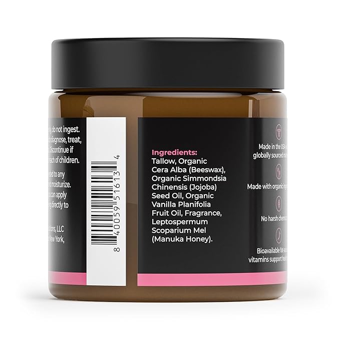 Healing Solutions - Whipped Tallow Balm, Vanilla Coconut Scent, Grass Fed/Grass Finished Beef Tallow with Organic Jojoba & Manuka Honey for Skin, Face & Body, All Natural Moisturizer, Made in USA