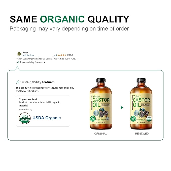 Yoken EWG Verified Castor Oil Organic Glass Bottle 16 fl oz 100% Pure Natural Cold Pressed Castor Oil for Hair, Face, Body, Eyelash, Skin - Hexane Free, Unrefined, Virgin, Rich Fatty Acid