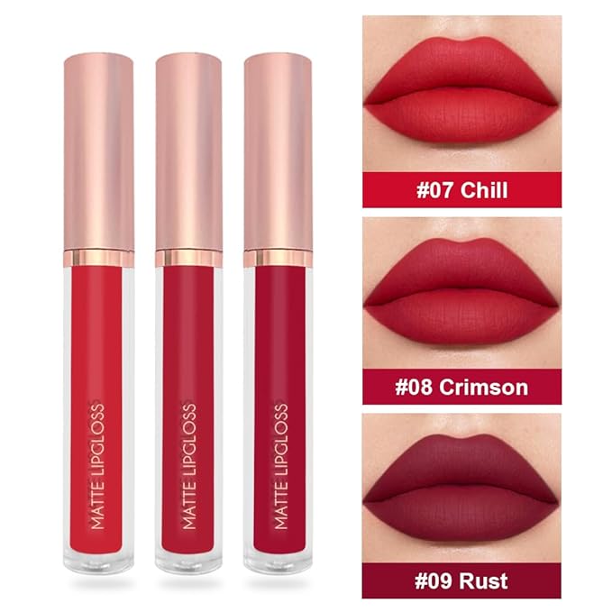 BestLand 3PCS Bold Seductive Red Liquid Lipstick Set, Matte Lip Gloss Long Lasting Waterproof, High Pigment Smudge Proof Lip Color with Chill Crimson Rust Shades for Night & Glam Makeup