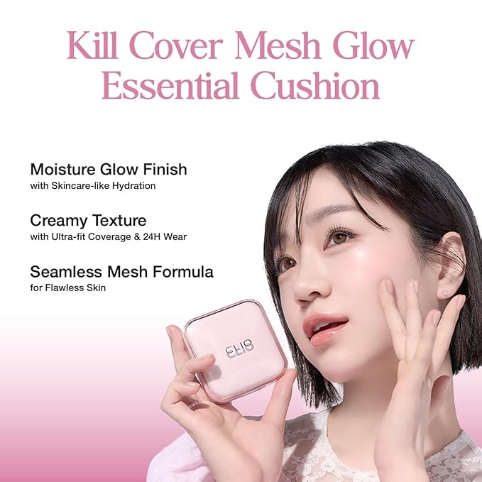 CLIO Kill Cover Mesh Glow Essential Cushion Foundation, Buildable Ultra-Fit Coverage with Glow Finish, Long-Lasting Hydration, Flawless Natural Cover for Radiant Skin, Korean Foundation (19C LIGHT)