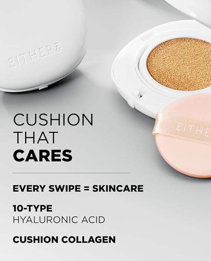 EITHER& Glow Pixel Cushion, 62% Skincare-Infused Foundation for Radiant Glass Skin, No Oxidation, 100H Long-Wear, Lightweight Buildable Korean Cushion (17P Porcelain, 12g)