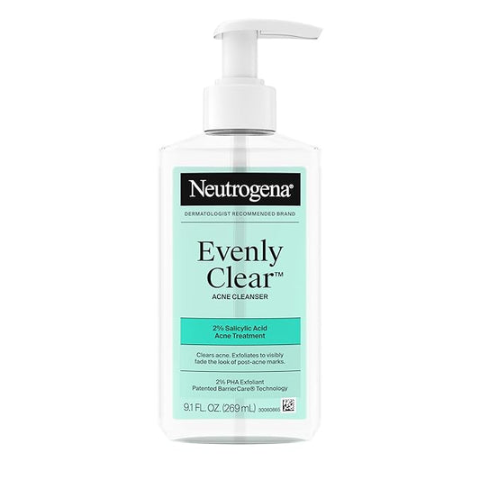 Neutrogena Evenly Clear Acne Cleanser with 2% Salicylic Acid & 2% PHA Exfoliant, Gentle Foaming Face Wash Clears Clogged Pores & Blackheads While Visibly Fading Look of Post-Acne Marks, 9.1 fl. oz