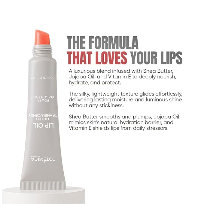 TOTEMICA Lip Oil for women by Ana Patricia, Hydrating Exotic Translucency, Glossy Lip Balm Shine with Shea Butter & Jojoba Oil, Non-Sticky with Nourishing Finish | Dragon Fruit with Charm