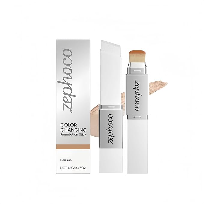 Color Changing Foundation Stick, Medium to Full Coverage Cream Stick Hydrating Makeup, Dual-Ended with Soft Brush for Flawless Look, Portable & Travel-Friendly (Dark skin)
