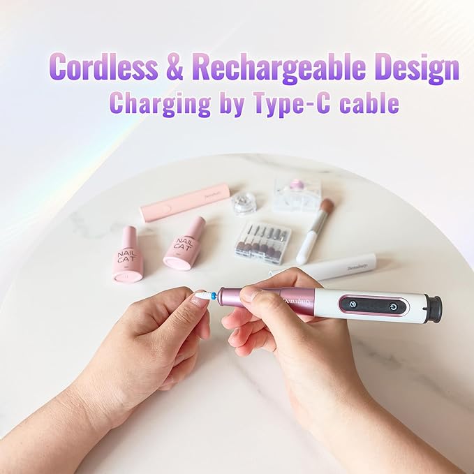 Denabuty Nail Drill Cordless, Electric Nail File 12 in 1 with LED Display, Nail Drill Machine Professional Portable Rechargeable E File for Gel Acrylic Manicure Pedicure Set with 5 Speeds Purple