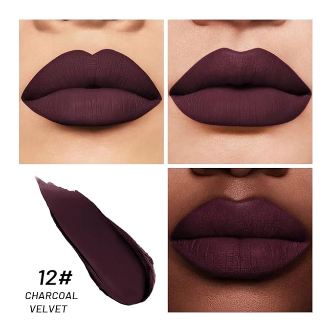 2-IN-1 Lipstick Lipliner, Velvet Matte Finish, Smooth & Plump, 12 Universal Lip Color-Nude Pink Rose Mauve Berry Plum, Creamy Formula for Lip Makeup, All-Day Wear, Cruelty-Free (#12 CHARCOAL VELVET)