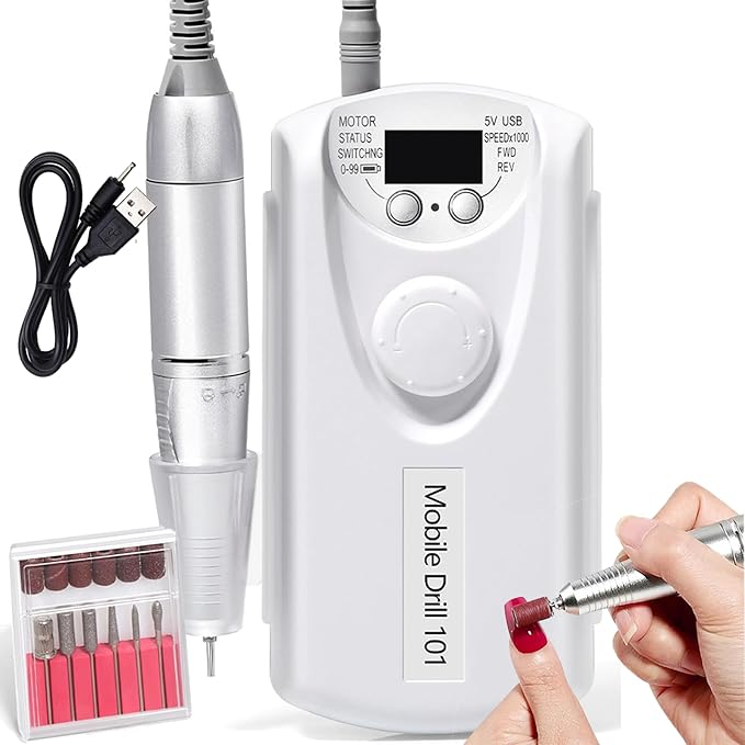ANRLO Professional Electric Nail Drill, 45000 RPM Cordless Rechargeable E-File Machine, with 12 Bits, Sanding Bands, LCD Display for Acrylic Gel Nails (DMJ-101-White-USB)