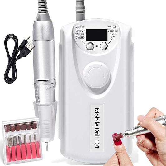 ANRLO Professional Electric Nail Drill, 45000 RPM Cordless Rechargeable E-File Machine, with 12 Bits, Sanding Bands, LCD Display for Acrylic Gel Nails (DMJ-101-White-USB)