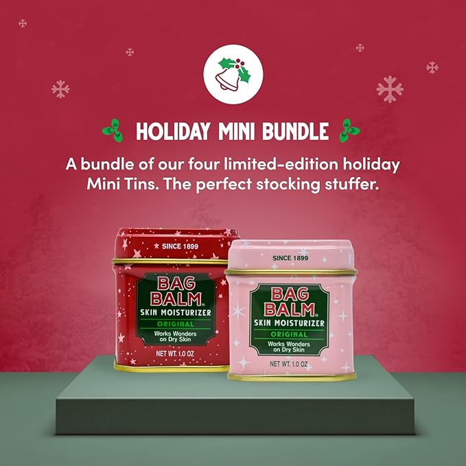 Bag Balm Mini Tin Gift Set – Bundle of 4 Limited Edition Tins (Red Star, Pink Star, Green Plaid, Red Plaid) – Multi-Use Moisturizing Balm for Dry Skin, Lips, Hands and Winter Hydration