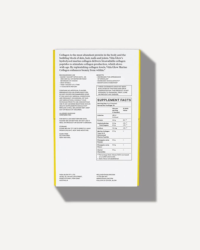 Vida Glow Marine Collagen Powder - Anti Aging Supplement with Collagen Peptides, Promotes Glowing Skin, Strong Nails, Healthy Hair | 30 Servings, Pineapple Flavor