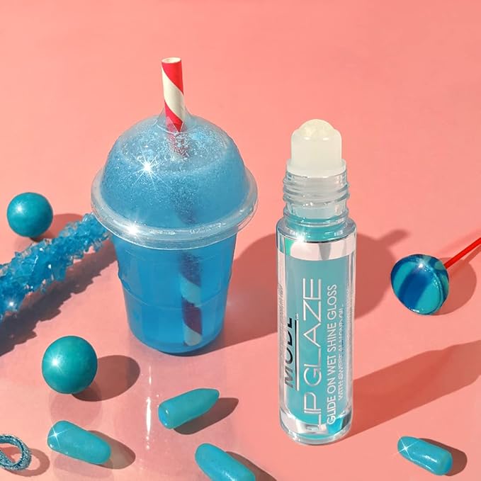 MODE Lip Glaze Flavored Lip Gloss Yummy BLUE RASPBERRY SLUSHIE Delicious Flavor, Roll On Sweet Wet Nourishing Shine, Hydrating Moisturizing Natural Skincare Fruit Oils, Made in NY USA