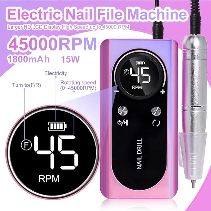ANRLO Professional Electric Nail Drill, 45000 RPM Cordless Rechargeable E-File Machine, with 12 Bits, Sanding Bands, LCD Display for Acrylic Gel Nails (DMJ-V2-USB-colour)