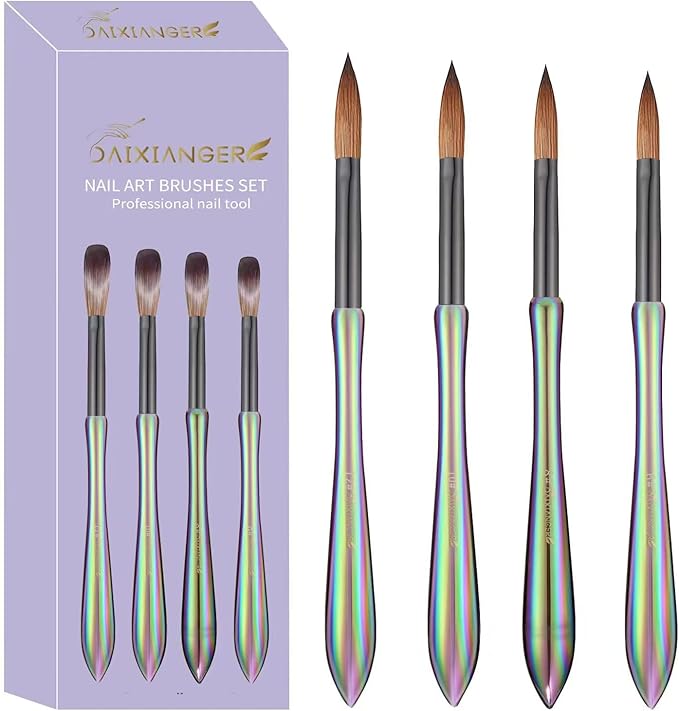 4Pcs Professional Acrylic Nail Brush Set, Size 6/8/10/12, Holographic Gradient Handle Nail Brushes for Acrylic Application Powder & Nail Extension, Nail Carving Tools for DIY Home Salon