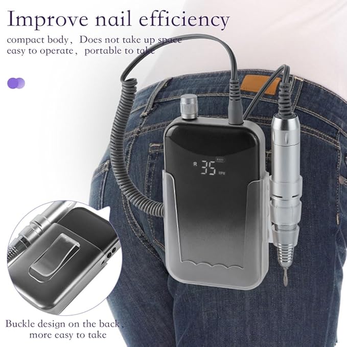 ANRLO Professional Electric Nail Drill, 45000 RPM Cordless Rechargeable E-File Machine, with 12 Bits, Sanding Bands, LCD Display for Acrylic Gel Nails (DMJ-BLY-P30-Black)
