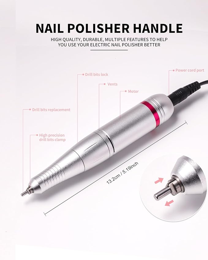 ANRLO Professional Electric Nail Drill, 45000 RPM Cordless Rechargeable E-File Machine, with 12 Bits, Sanding Bands, LCD Display for Acrylic Gel Nails (DMJ-204-Pink-US)